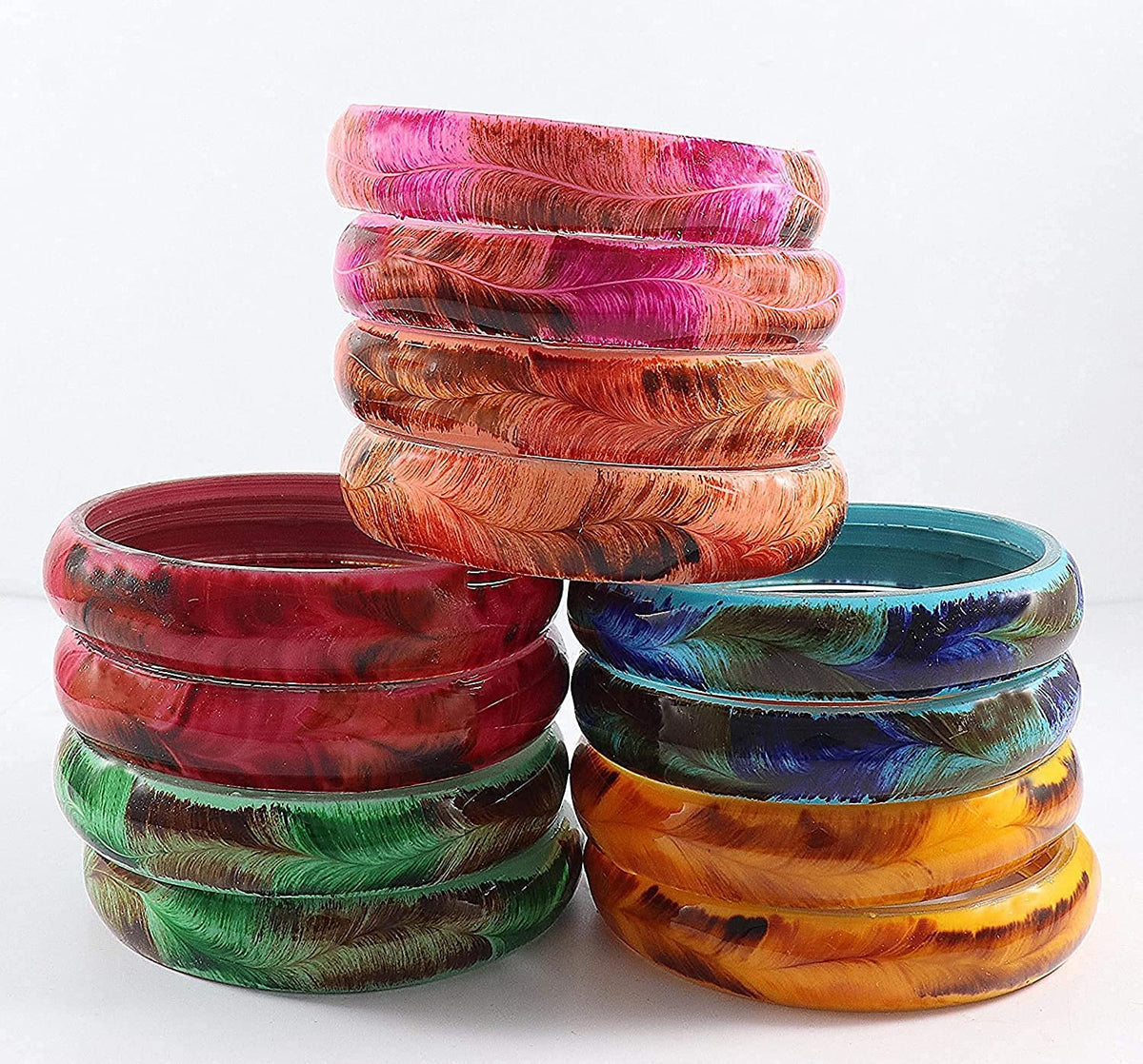 NMII Glass with Feather Pattern Glossy Finished Kada Set For Women and Girls, (Multi-Colour_2.6 Inches), Pack Of 12 Kada Set