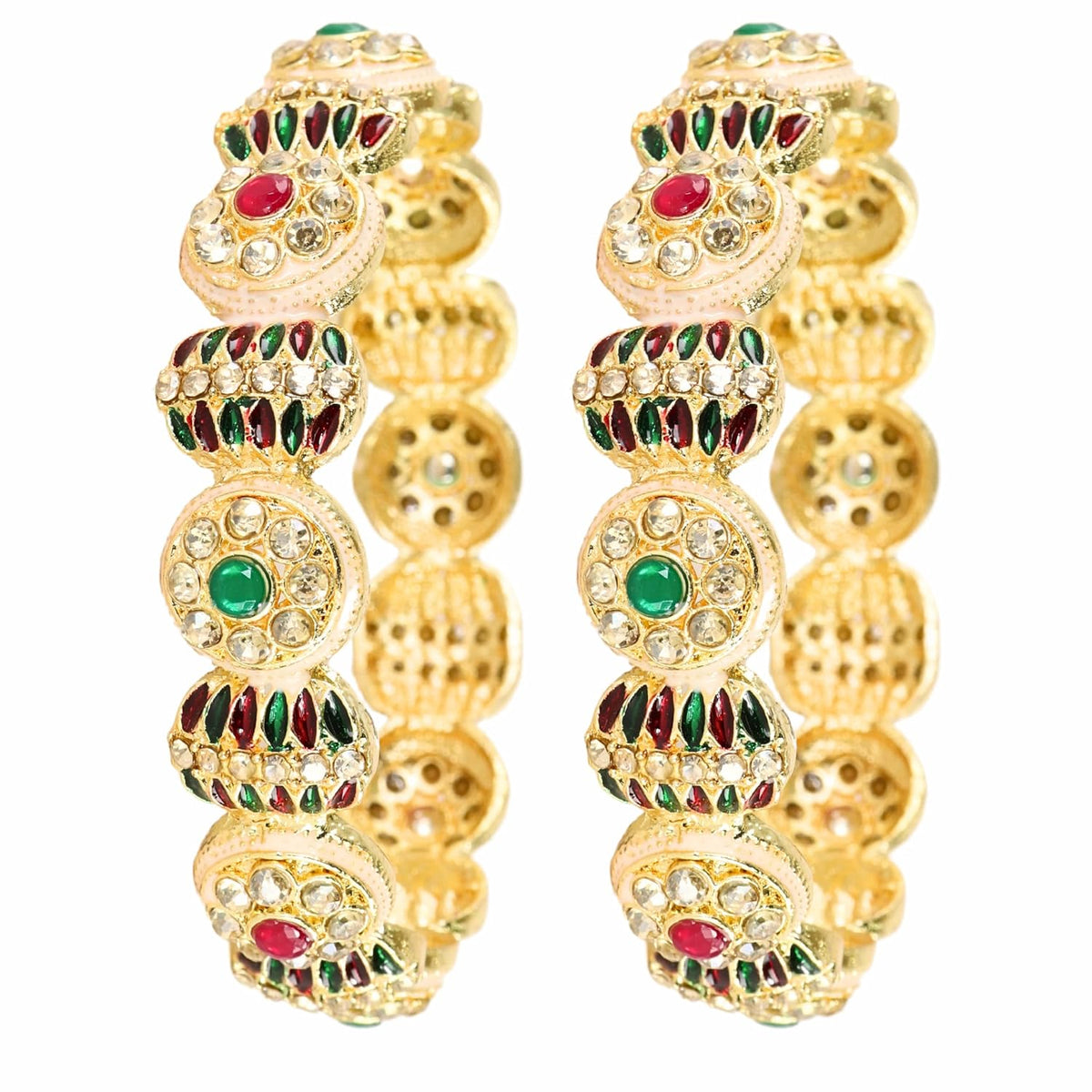 NMII Golden Metal Bangles Set with Red & Green Zircon Stones For Women & Girls | Traditional Rajwadi Design Kangan | Perfect Bangles Set For Wedding, Party, Festive, Occasion, Daily- Set of 2
