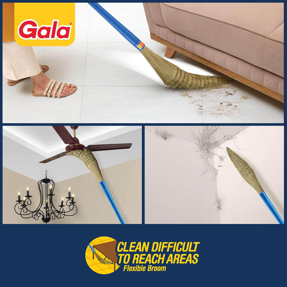 Gala No Dust Broom – India's No. 1 Jhadu | Long Handle for Floor, Corners & Cobwebs | No Back Strain | Traps Fine Dust & Hair | Detachable Handle