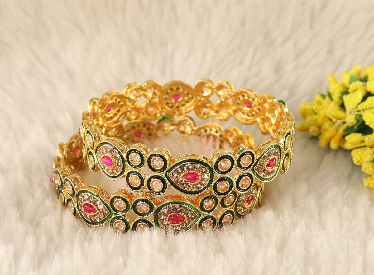 NMII Premium Gold Plated Alloy Kada Set With Multi Kundan Stone & Meenakari Peacock Design | Women & Girls Bangles | Traditional Alloy Bangles | Rajwadi, Wedding, Festival & Bridal - Pack Of 2 Kada