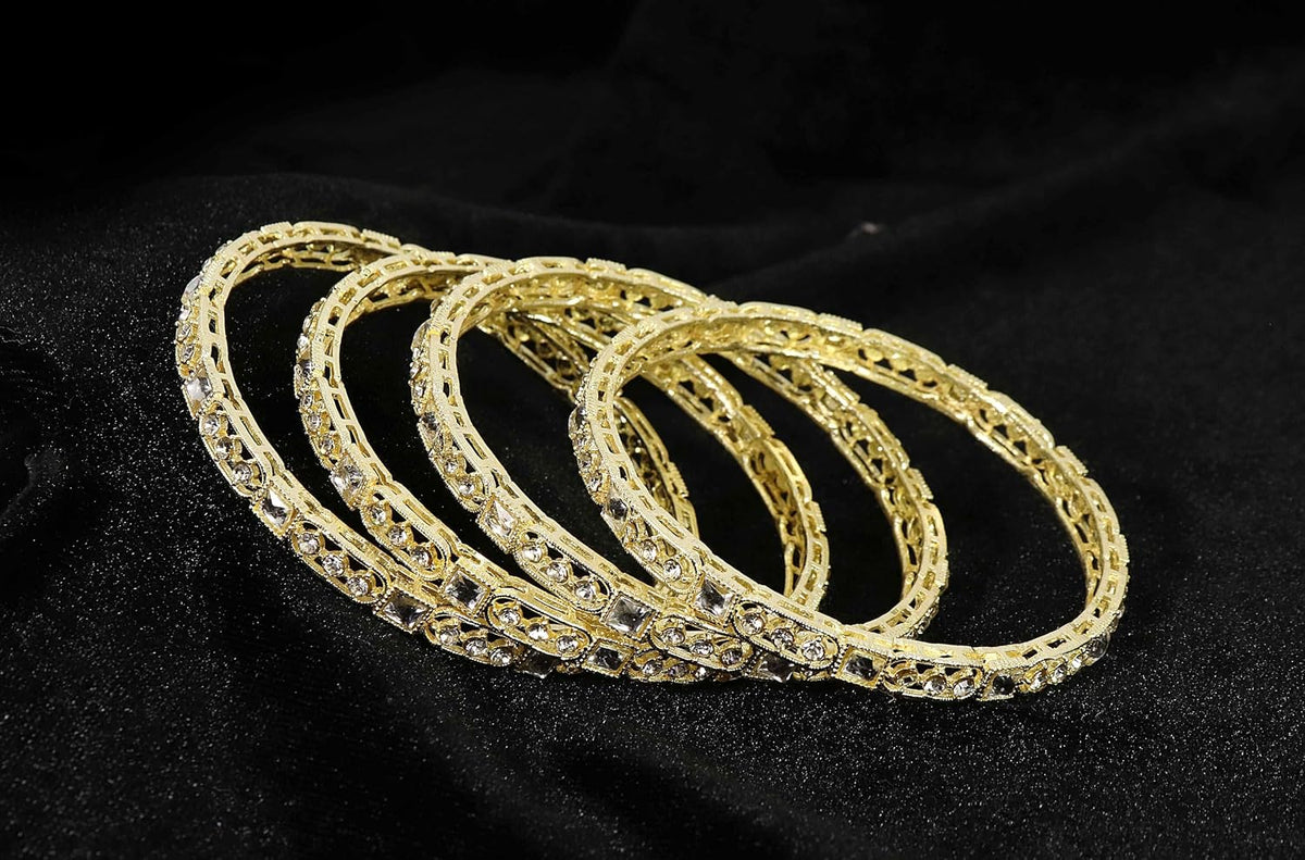 NMII Gold Plated Metal Kundan Stone & American Diamond Bangles Set For Women & Girls | AD Bangles | Traditional Bangles Set | Stone Work | Premium Design | Wedding, Party, Occasion- Set of 4
