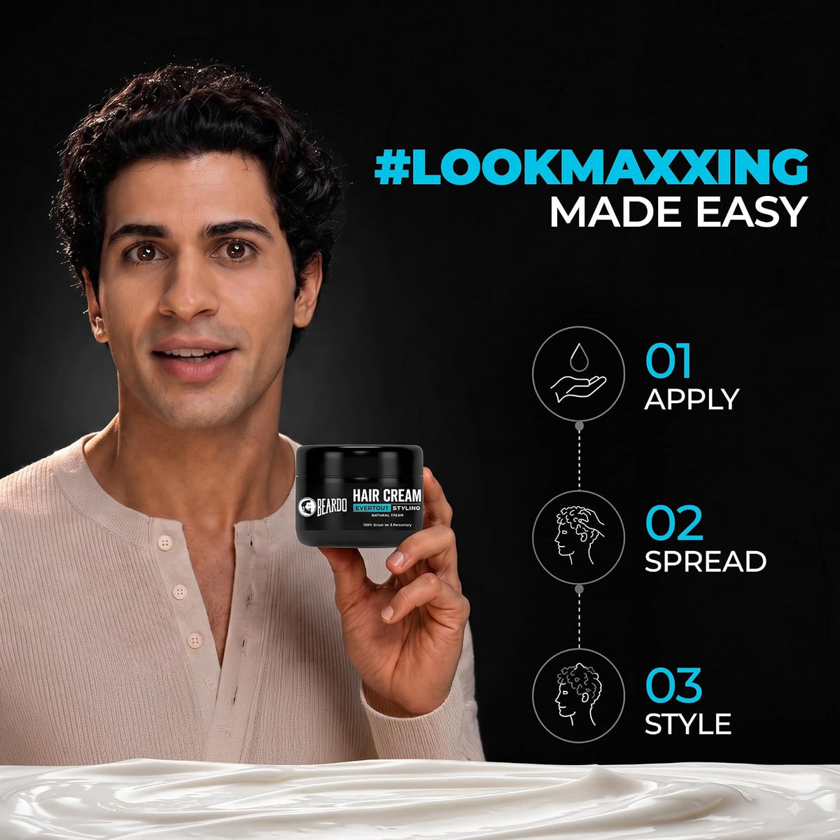 Beardo Hair Cream for Men | Natural Hold Hair Cream for Everyday Styling | Hydrates & Nourishes hair with Coconut, Vitamin E & Rosemary | Non-Sticky | All Hair Types | 100g