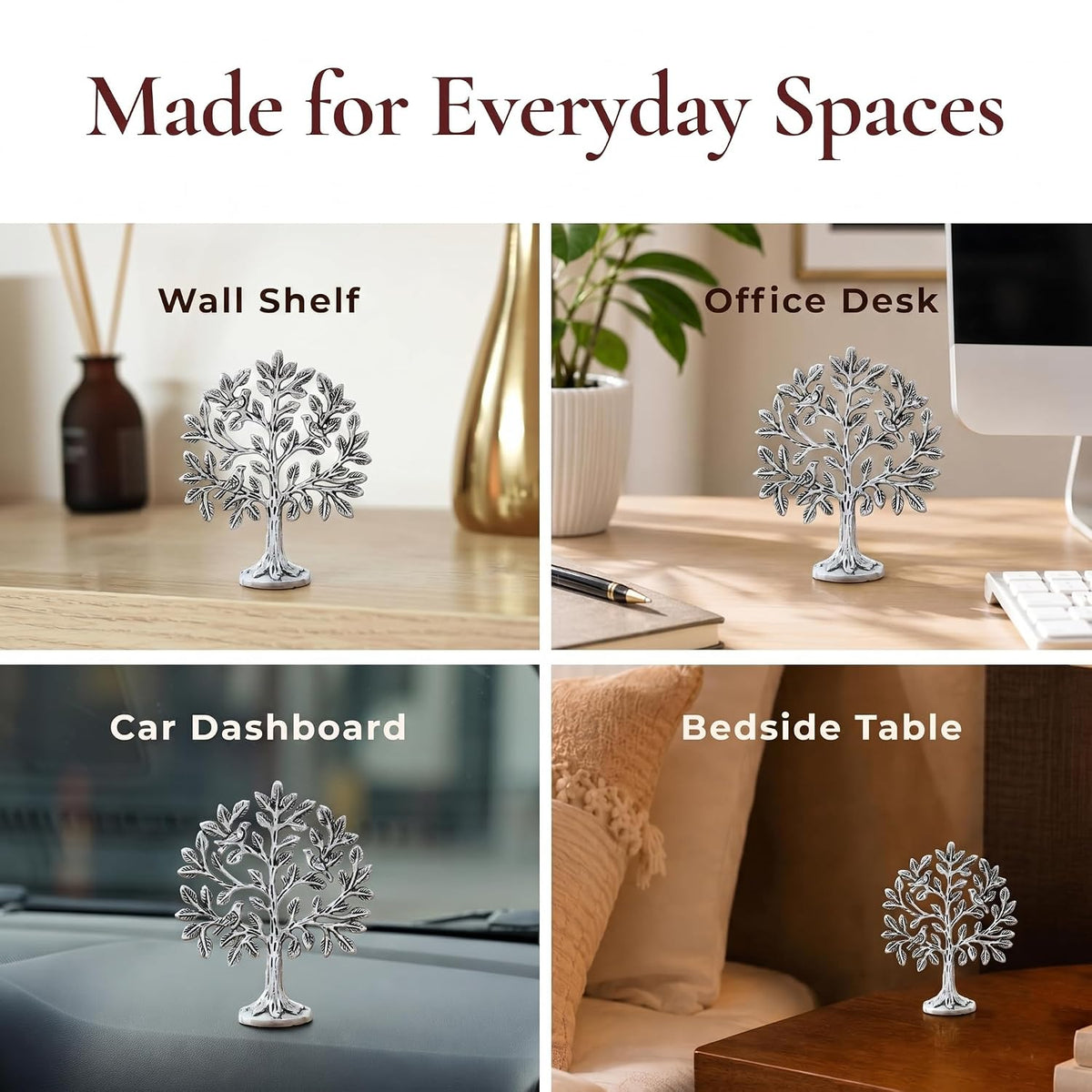 KridayKraft Metal Kalpavriksha Tree for Home Decor - Golden Wish Fulfilling Tree Metal Showpiece for Temple, Vastu, Office Table & Gifting Banyan (No 0 Silver)
