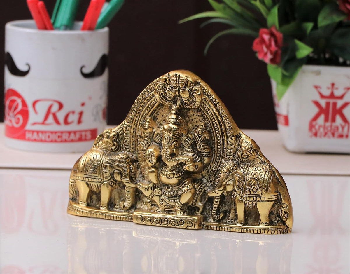 KridayKraft Ganesh Wall Hanging with Elephants for Door Entrance Decorative Showpiece - 12 cm (Aluminium, Gold)