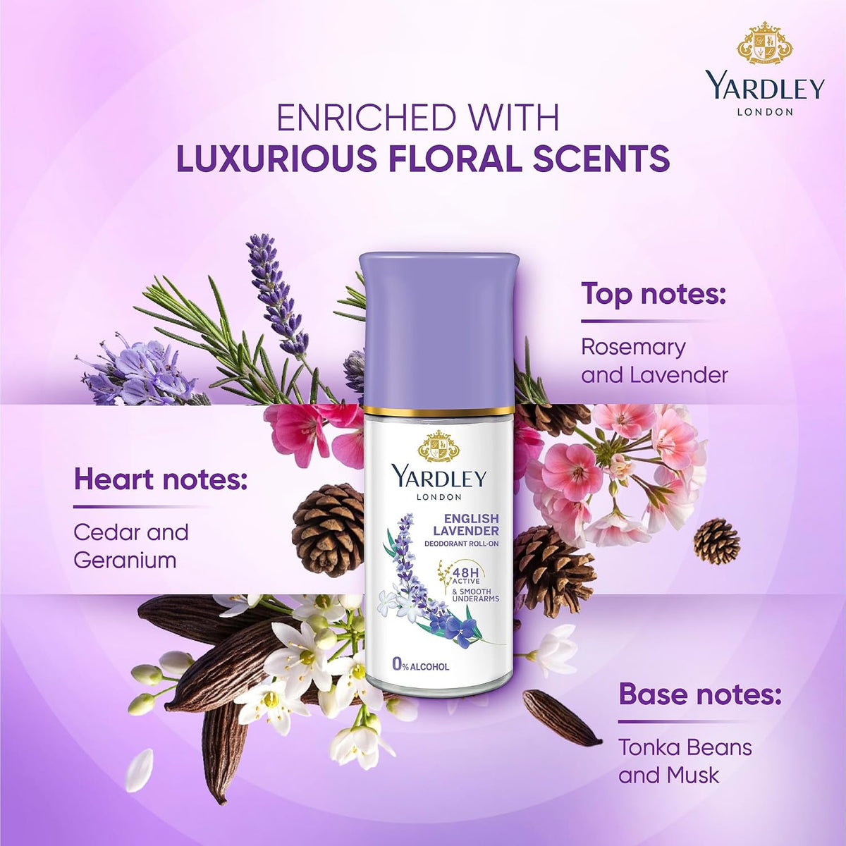 Yardley London English Lavender Underarm Deodorant Roll On | With Licorirce Extract & Floral Extracts | Smooth & Eventoned Underarms | 72 H Long Lasting Floral Scent| 0% Alcohol & Dermat Approved | For Women | 50ml