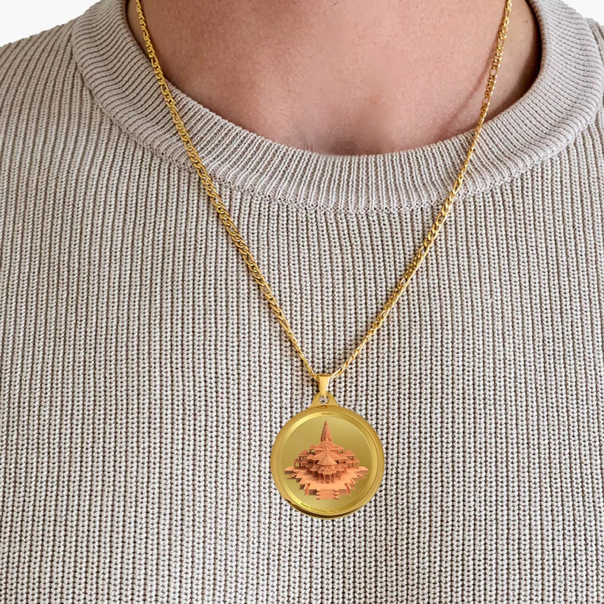 Diviniti 24K Gold Plated Ram Lalla & Ram Mandir Pendant For Men, Women & Kids| 22 MM Double Sided Stylish Pendant Necklace For Girls| Divine God Pendant For Birthday Gift, Anniversary Gift