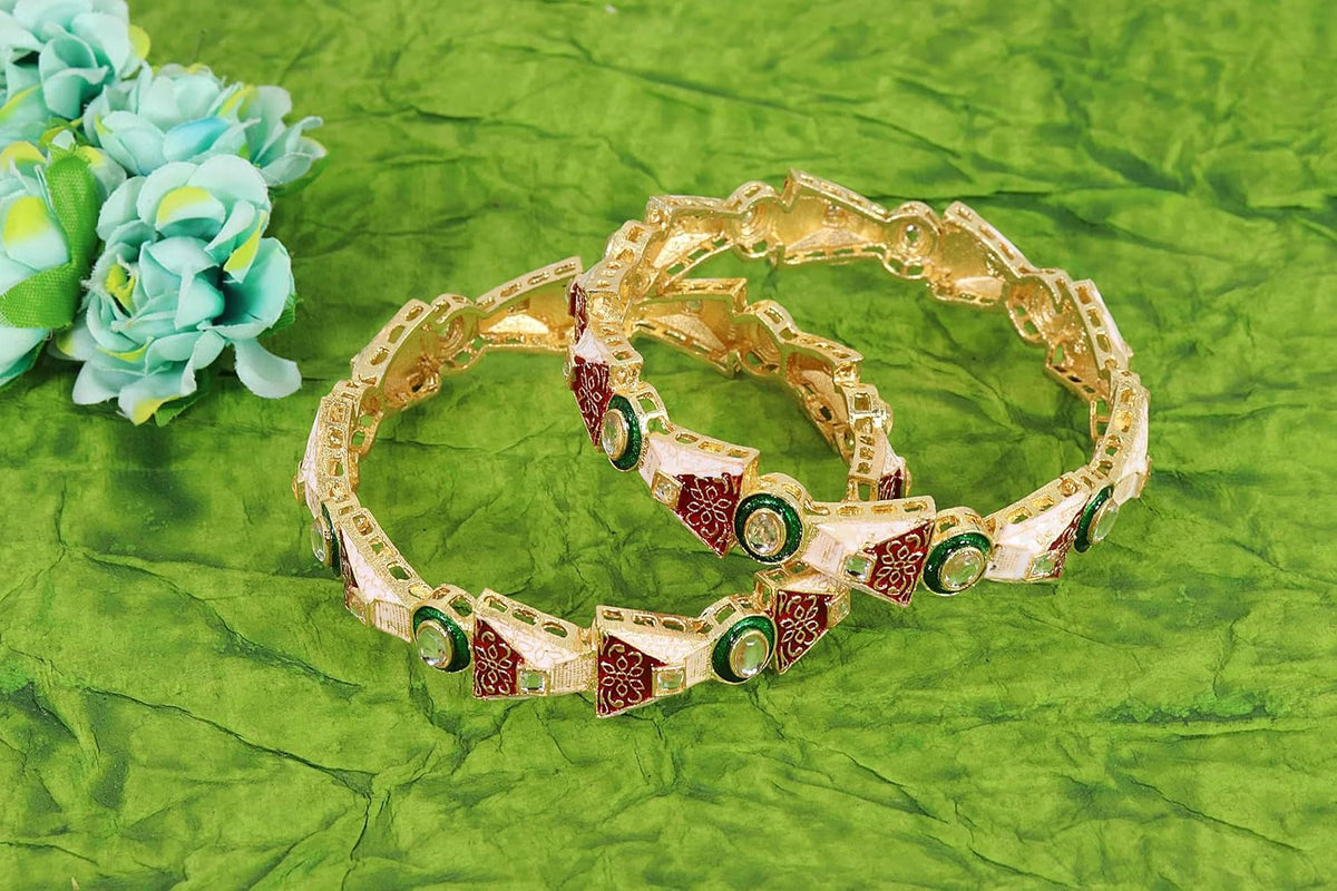 NMII Traditional Gold Plated Metal Meenakari Bangles Kada Set For Women & Girls with Kundan Stone | Women's Bangles | Premium Kada Set For Wedding, Party, Ocassion Fashion Jewellery- Set of 2