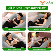 OYO BABY Maternity Pillows J-Shape Full Body Pillow | 360° Maternity Support for Back, Hips, Legs & Belly | Pregnancy Pillows for Women | Removable Washable Velvet Cover (Light Grey)