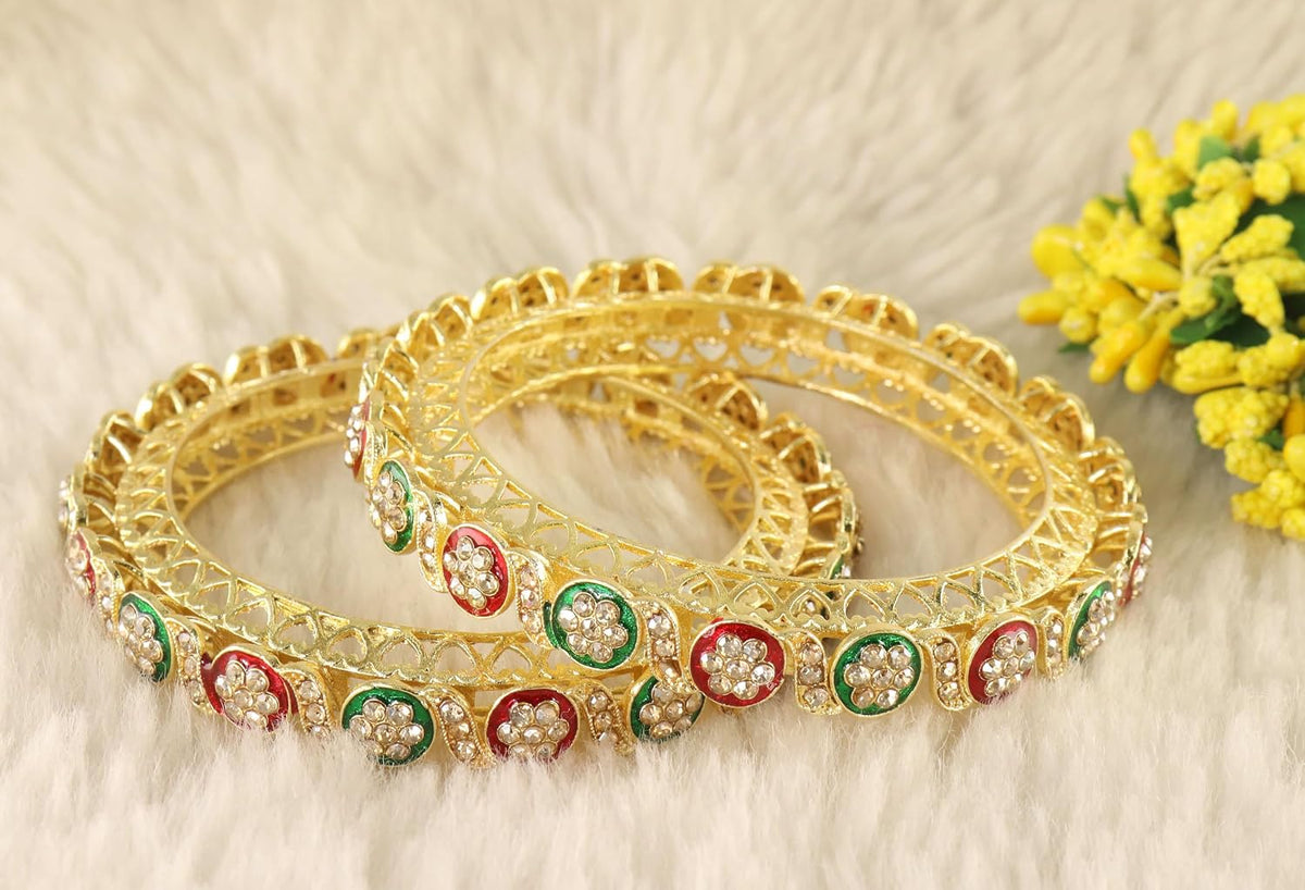 NMII Traditional Kundan Stone Work Metal Bangles For Women & Girls | Mirror Bangles | Bangles For Women Wedding, Party, Festival, Function | Women's Fashion Jewellery