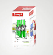 Parage Zolta Stainless Steel Cutlery Set- Set of 25 (Contains: 6 Table Spoons, 6 Forks, 6 Tea Spoons, 6 Knives, 1 Stand), Spoon Set, Cutlery Set for Dining Table Stylish (Blue)