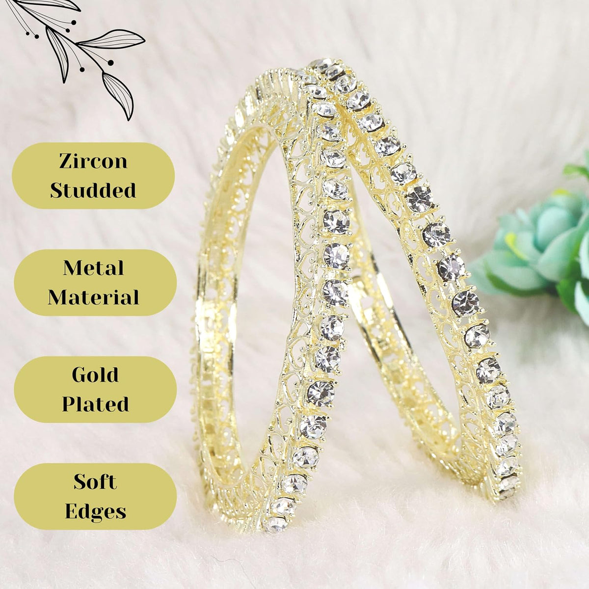 NMII Designer Metal Zircon Diamond Stone Bangles Kada Set For Girls & Women | Latest Women's Bangles | Trendy Kada For Women | Metal Bangles | Bangles For Wedding, Party, Festive- Set of 2