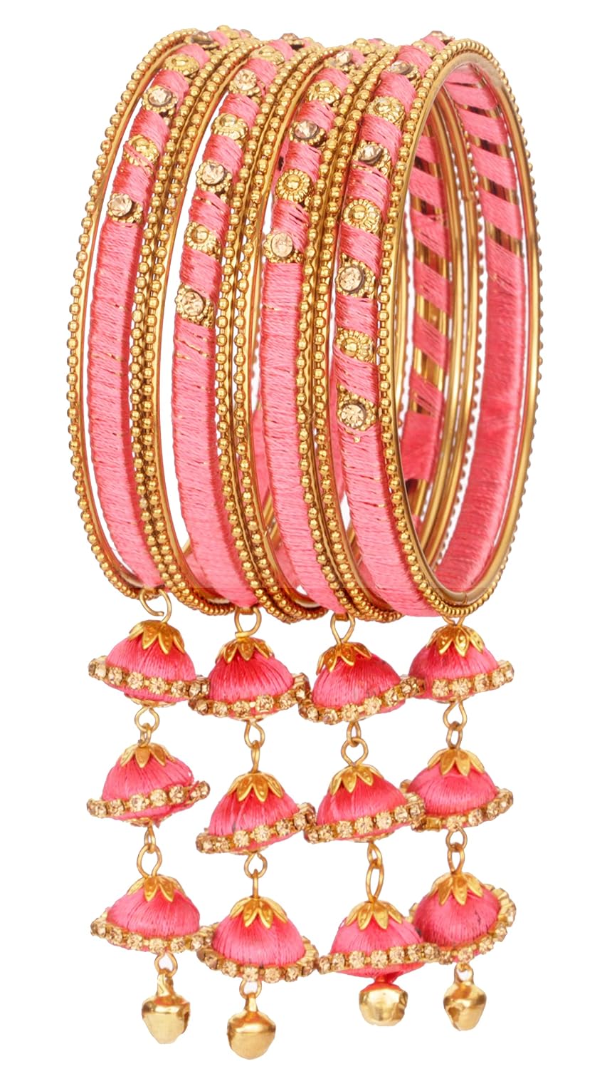 NMII Metal & Silk Thread Jhumka Zircon Latkan Stylish Bangles Set For Women's and Girls | Women's Fancy Latkan Bangles Set | Ethnic Fashion Jewellery- Set of 12 Bangle, (G405_Watermelon-2.8(2.8))