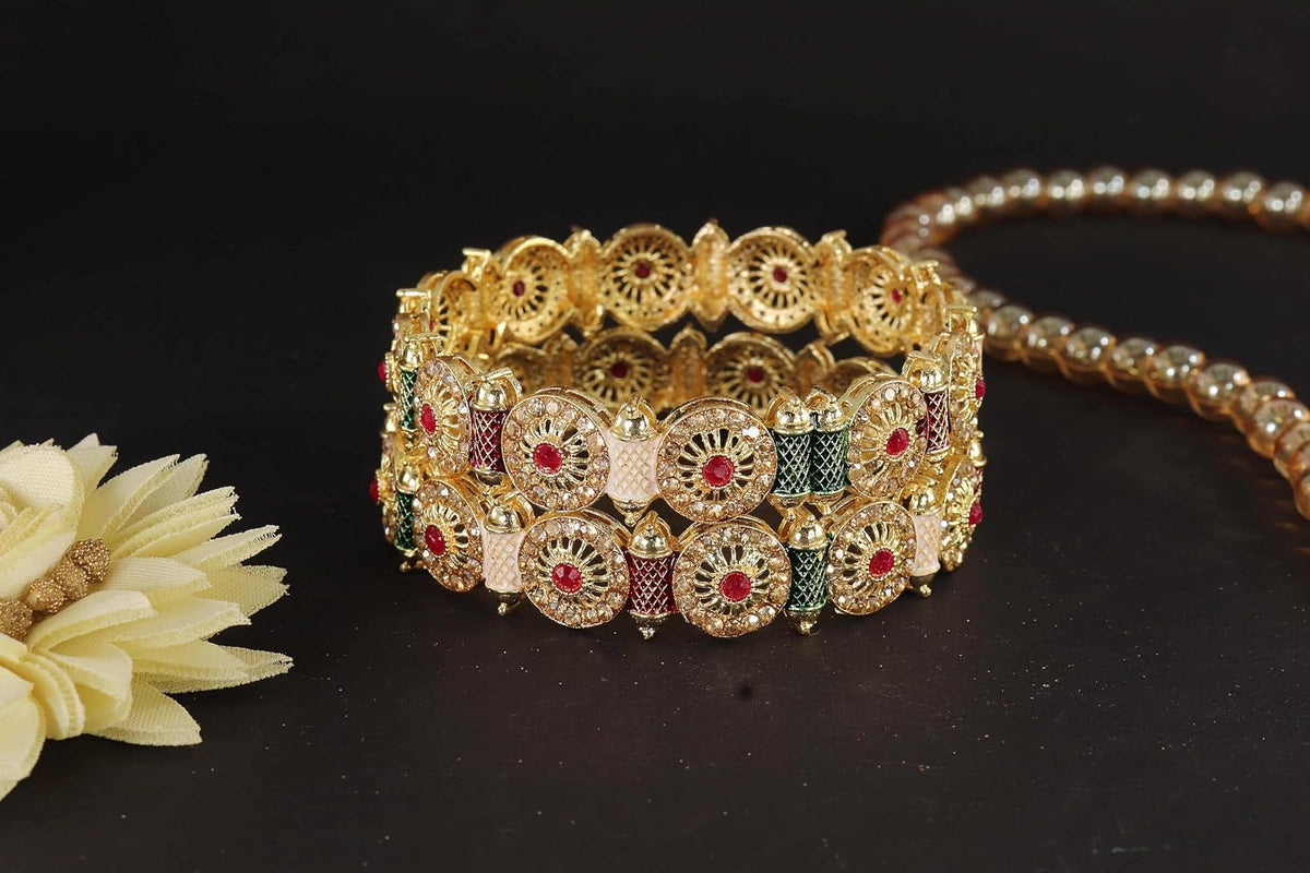 NMII Royal Golden Metal Bangles Set For Women & Girls with Zircon Diamond Stone | Traditional Gold Plated Kangan Set | Fancy Women's Fashion Jewellery Bangles | Wedding, Party, Festive- Set of 2