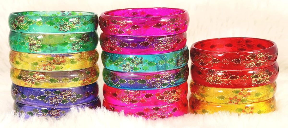 NMII Multi Colour Glass with Flower Print Kada Bangles Combo Set For Women and Girls | Fancy Glass Bangles Bracelet | Stylish Women's Kangan | Plain Simple Kada- Set of 16