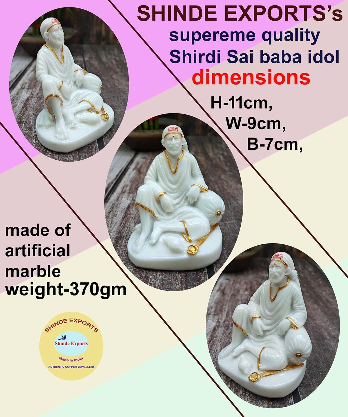 SHINDE EXPORTS shirdi saibaba Idol Marble/saibaba Idol for car Dashboard 11 cm (White Golden jari dwarkamai)