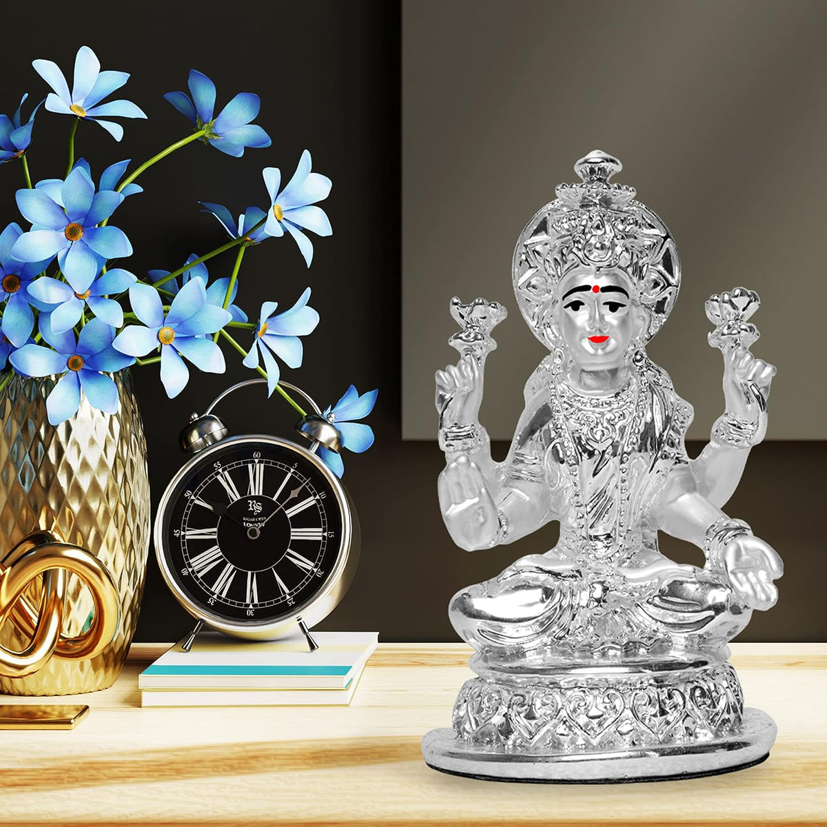 DIVINITI Lakshmi Idol for Home Decor 999 Silver Plated Sculpture of Maa Lakshmi Figurine Idol for Home, Office, Temple and Table Decoration Religious Idol for Pooja, Gift (5.7 CM X 6 CM)
