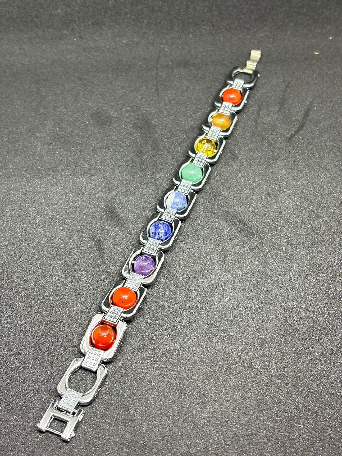 RUDRADIVINE Natural Chakra Stone Bracelet Silver Tone Energy Jewelry
