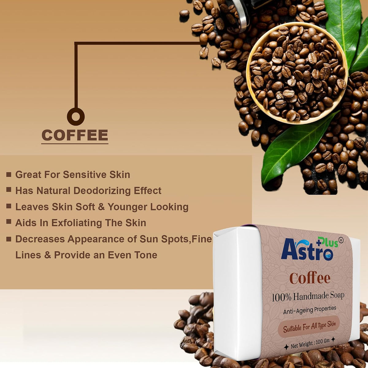Astro Plus+ Coffee Hand-Made Soap Natural Handcrafted Coffee Soap Bar | Perfect for Face & Body (4 pieces)