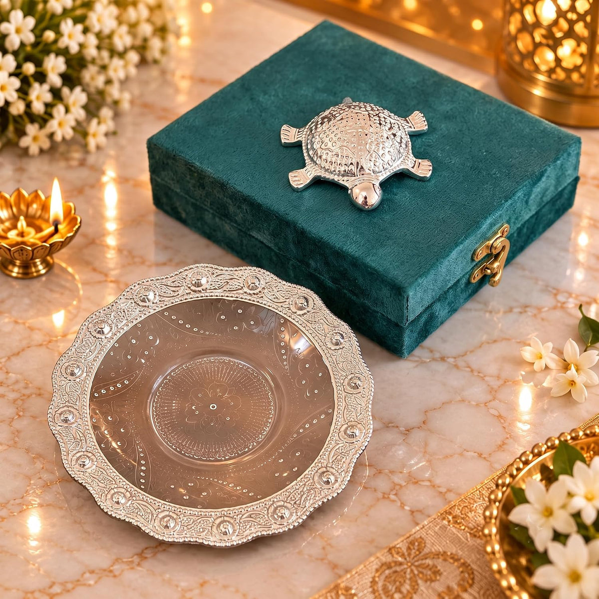 KridayKraft Decorative Tortoise Showpiece with 14 cm Designer Tray and Luxury Dark Teal Blue Gift Box, Tabletop Décor for Home, Office, Wedding, Anniversary and Housewarming Gift