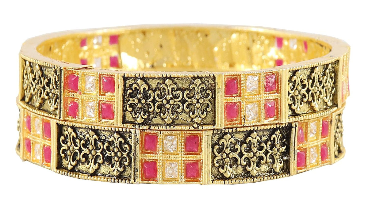 NMII Non-Precious Metal Base Metal with Ruby Or Zircon Gemstone Studded worked Glossy Finished Kada Set For Women and Girls