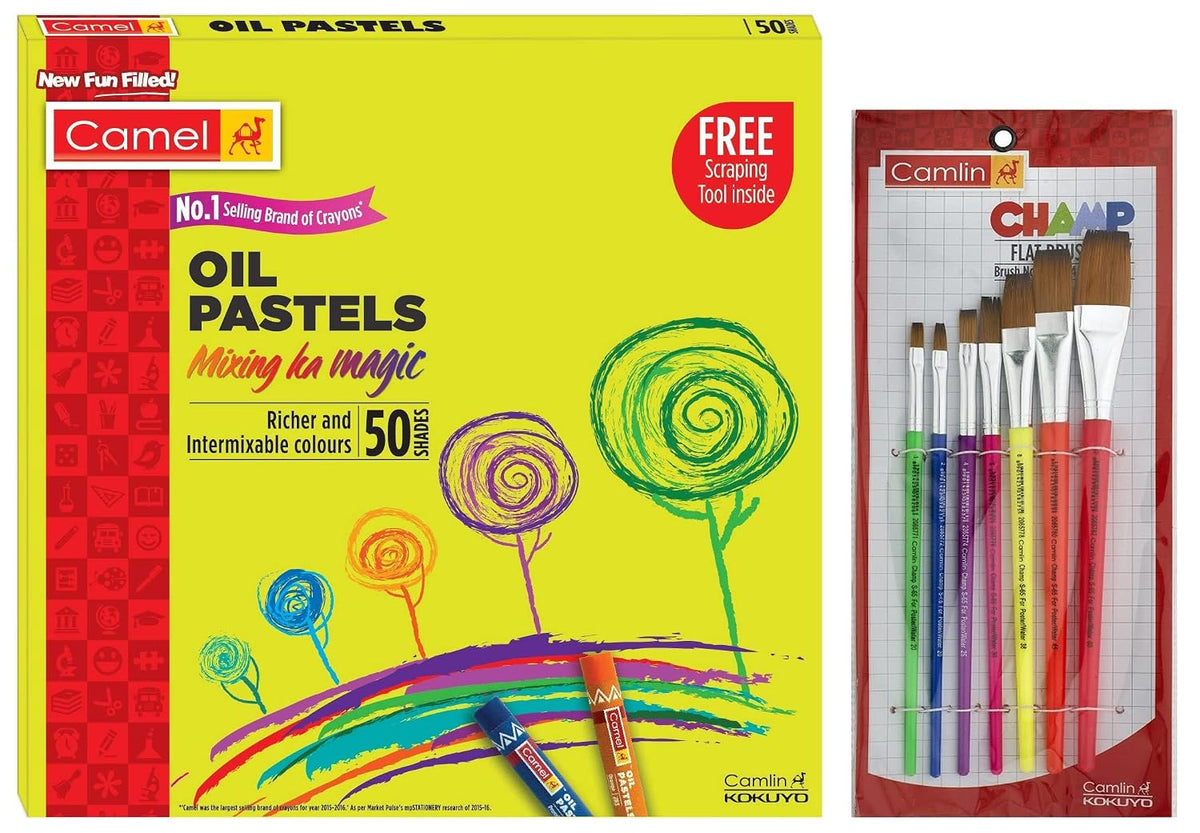 Camel Oil Pastel (50 Shades) & Camlin Champ Flast Brush Set - Pack of 7 (Multicolor)
