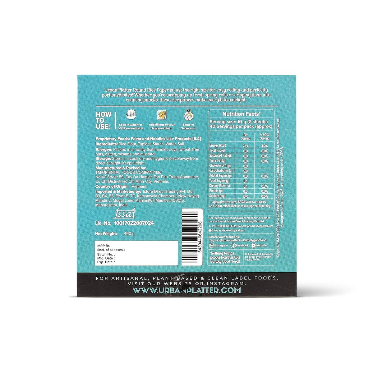 Urban Platter Round Rice Paper Sheets, 400g (Vietnamese Spring Roll Wrappers | Gluten Free | 16 cm Each | Easy to Roll | 80-85 Sheets per pack)