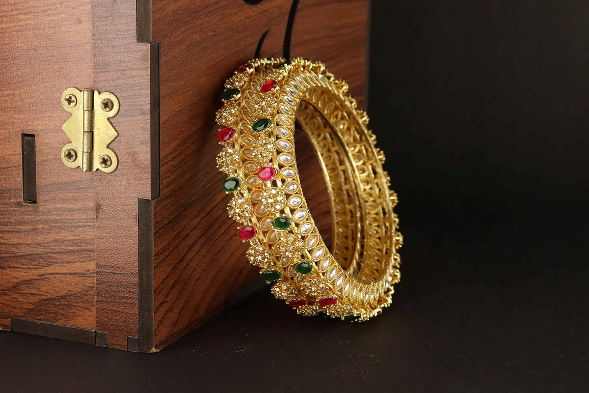 NMII Traditional Gold Plated Metal with Red Zircon GemStone Bangles Set For Girls & Women | Premium Rajwadi Kangan Set | Girl's Bangles Bracelet | Stylish Kada For Women