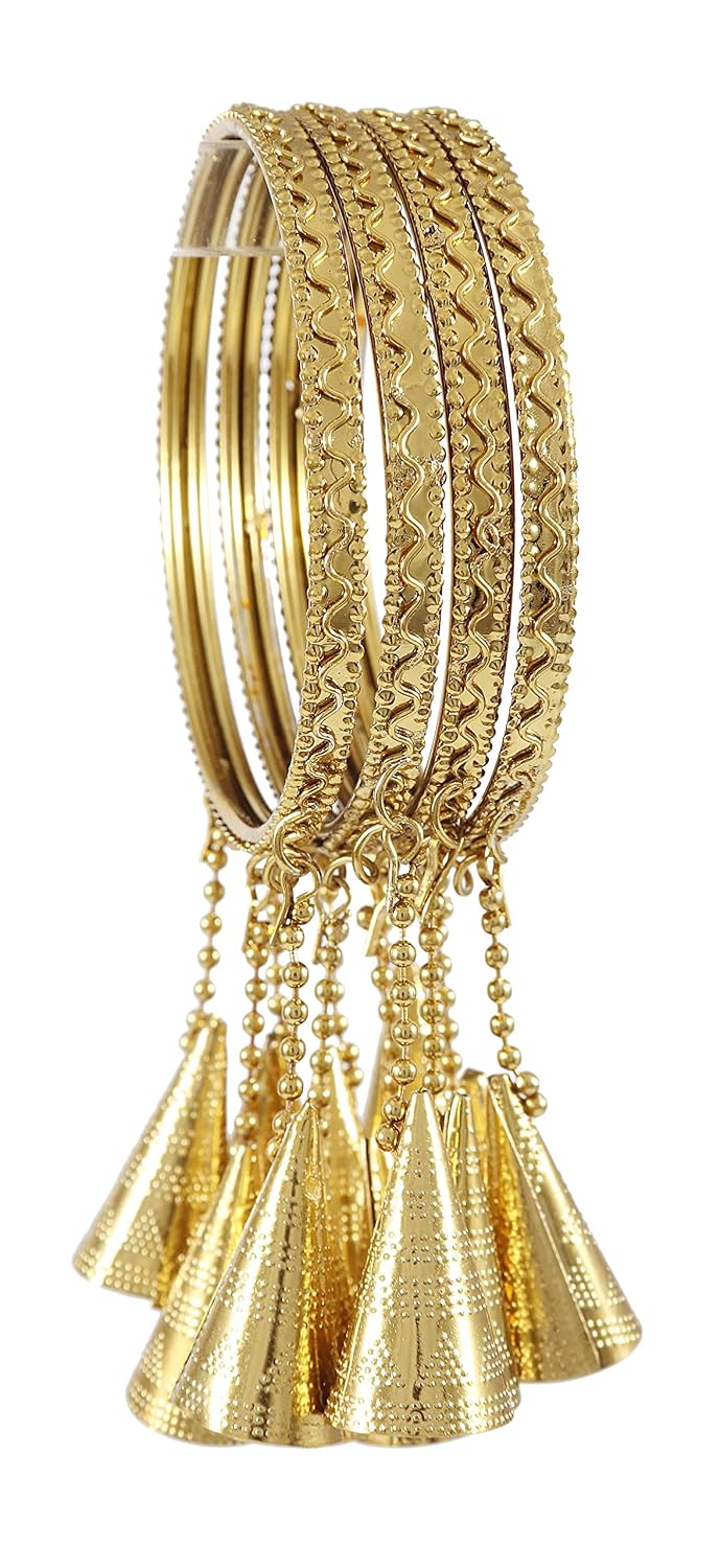 NMII Non-Precious Metal Base Metal with Curved Shaped and Latkan Linked Glossy Finished Kaleere type Kada Set For Women and Girls