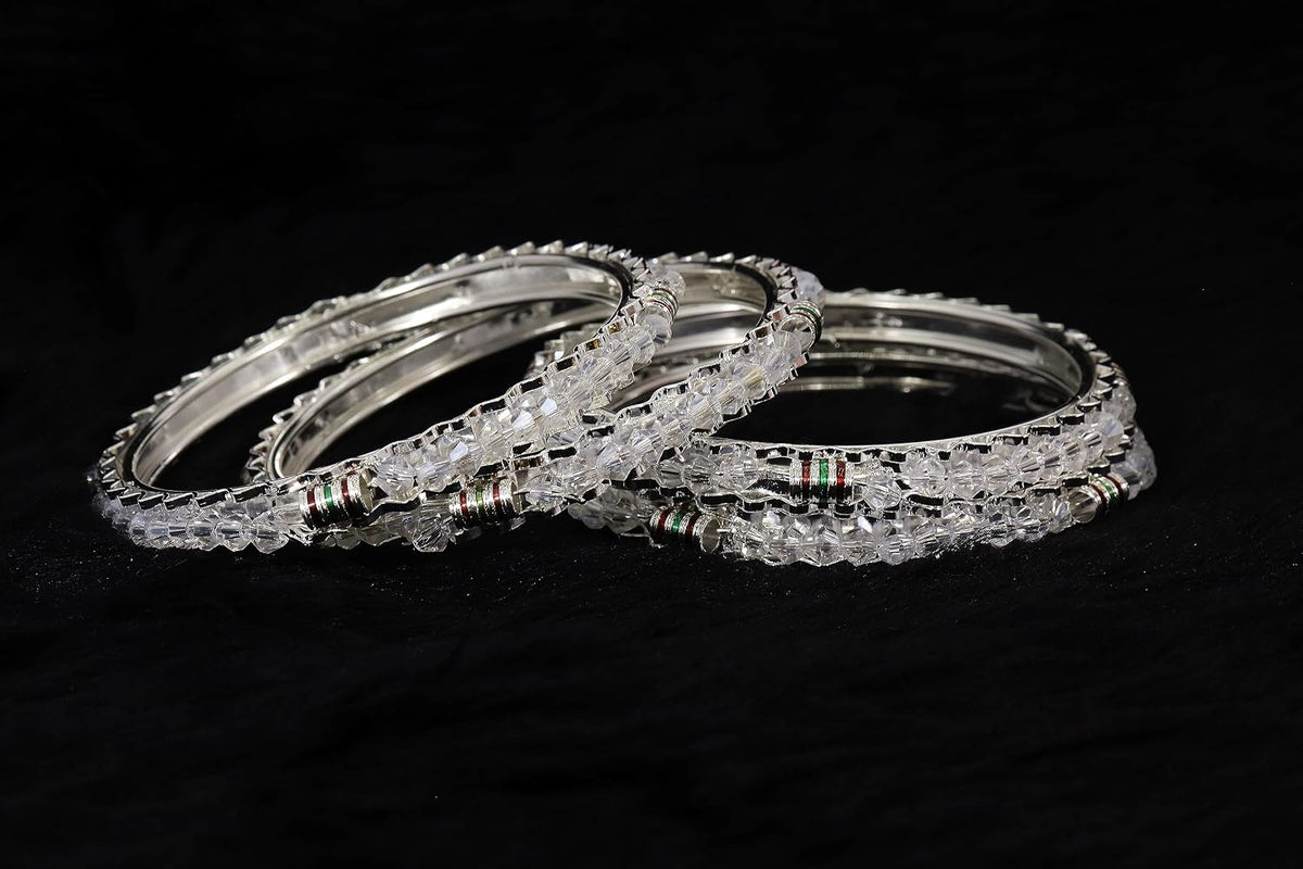 NMII Alloy Metal Silver Bangles Set For Girls and Women Studded Pearls & Beads| Fancy Stylish Bangles | Metal bangles | Women's Bangle | (Pack of 4)