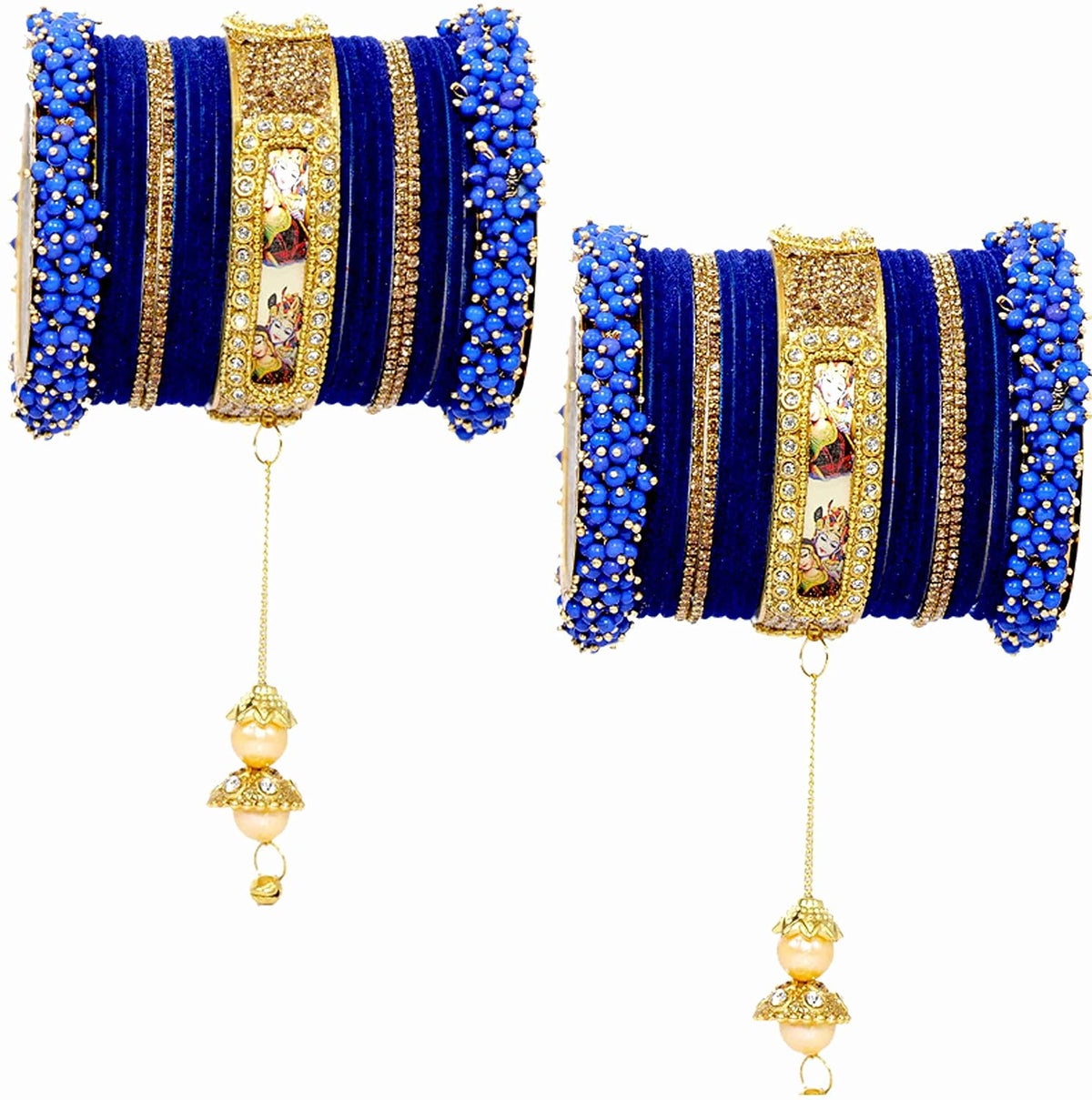 NMII Non-Precious Metal,Base Metal with Radha Krishna Latkan Zircon Gemstone Or Pearl and Velvet worked Glossy Finished Bangle Set For Women and Girls
