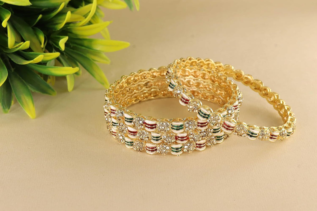 NMII Golden Metal Bangles Set For Women & Girls with Zircon Diamond Stone | Traditional Rajwadi Girl's Bangles Kangan | Fancy Women's Fashion Jewellery | Perfect for Wedding, Party, Festive- Set of 4