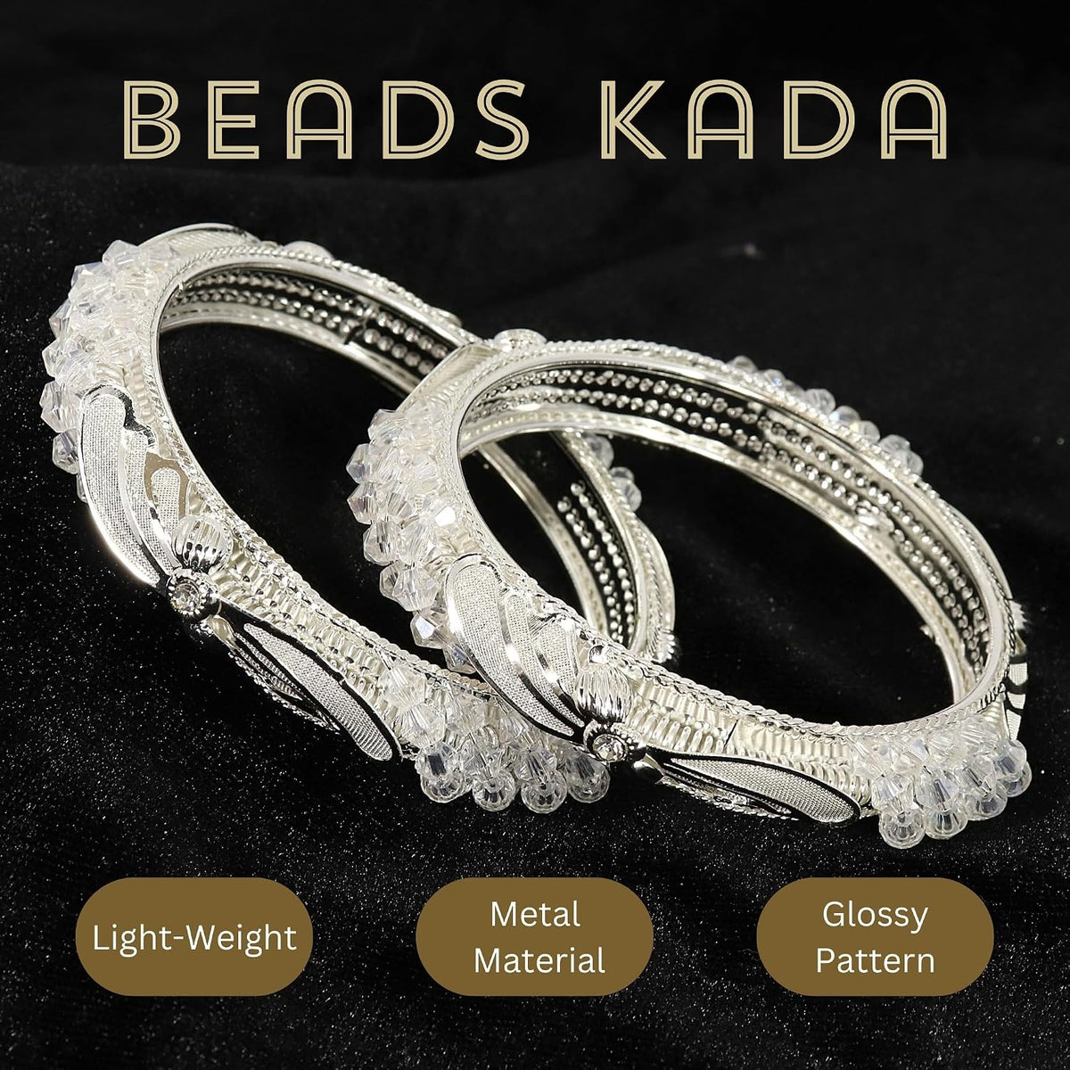 NMII Stylish White Pearls & Alloy Metal American Diamond Bangles Kada Set For Women and Girls | Fancy Women's Kada | Girls' Bangles Bracelet | Kada Set For Wedding, Party, Occasion Wear-Set of 2