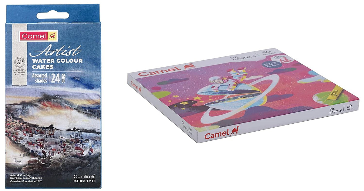 Camel Artist Water Colour Cake Set - Pack of 24 (Blue) & Camlin Kokuyo Oil Pastel (50 Shades)