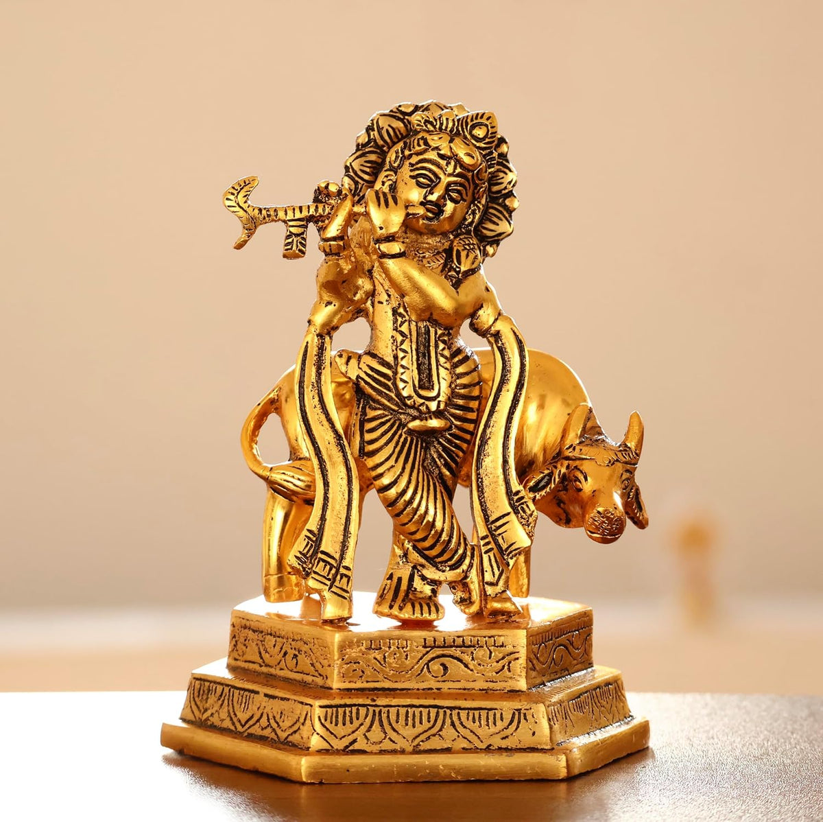KridayKraft Lord Cow Krishna with Flute Metal Handicraft Statue, Gold-Plated Religious Showpiece Decorative Figurine,Hindu Religious Idol, 16 cm
