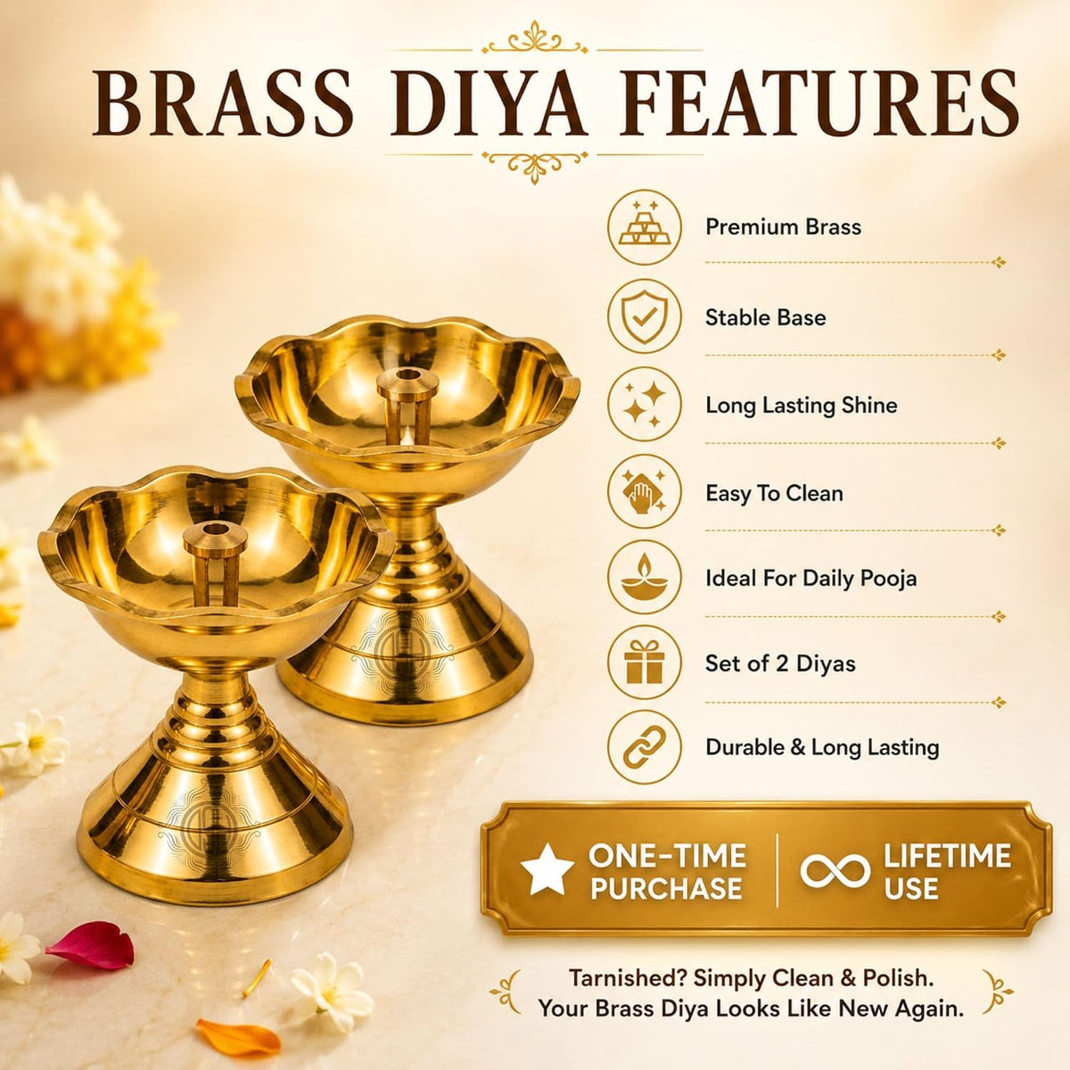 DSH Brass Diya with Stand Diya Oil Puja Lamp Oil Lamp for Home Temple Pooja Articles Decor Gifts. (2 Inch)