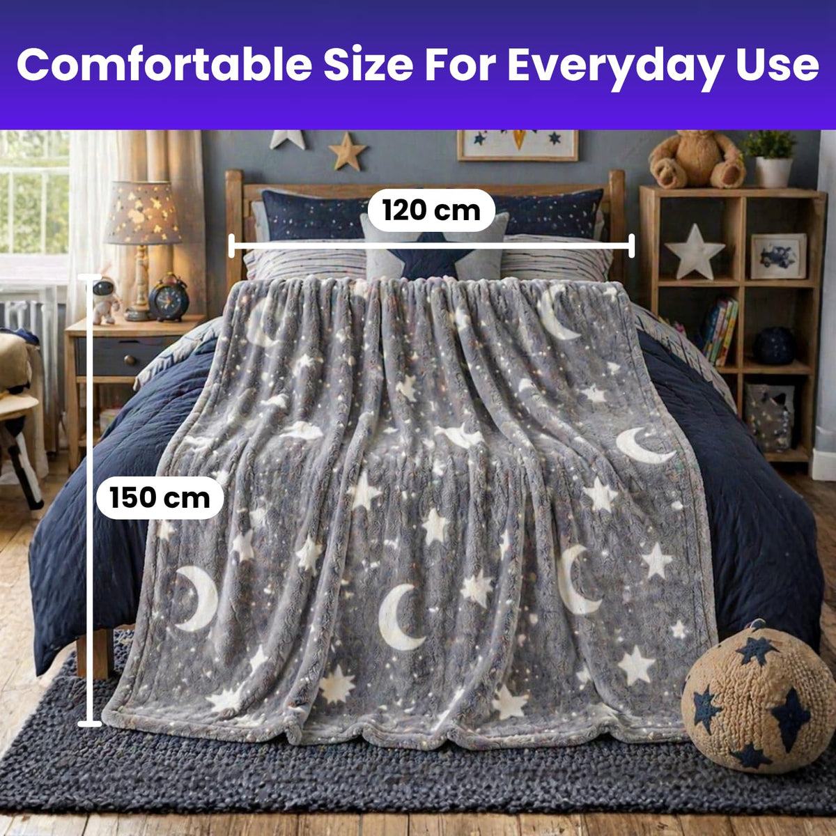 Toy Imagine Glow Blanket for Kids 3–10 Years 150 x 120 cm Glow in The Dark Blanket Soft Flannel Fleece Throw Soft Cozy Warm All Season Blankets for Boys and Girls Gift Grey