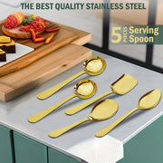Parage 5 Pieces Stainless Steel Serving Spoons Set of 5 for Dining Table/Kitchen, 1.8 mm Heavy Gauge (2 Soup Ladle/Karchi, 1 Deep Turner, 1 Solid Spoon (Chamcha), 1 Rice Spoon) (Steel Gold, Pack of 5)