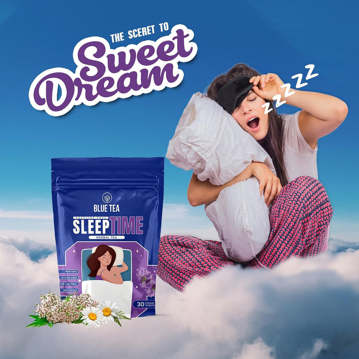 BLUE TEA - Sleep Time Tea - 30 Tea Bags - Plant Based | Helps with Insomnia, Snoring | Supports Deep Relaxation | Caffeine Free | Chamomile, Spearmint, Lemongrass | Ziplock Pack