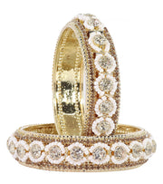 NMII Traditional Metal with Zircon Diamond & White Moti Pearls Bangles For Women & Girls | Designer Kangan Set | Girl's Bangles Bracelet | Stone Bangles | Women's Kada Fashion Jewellery- Set of 2