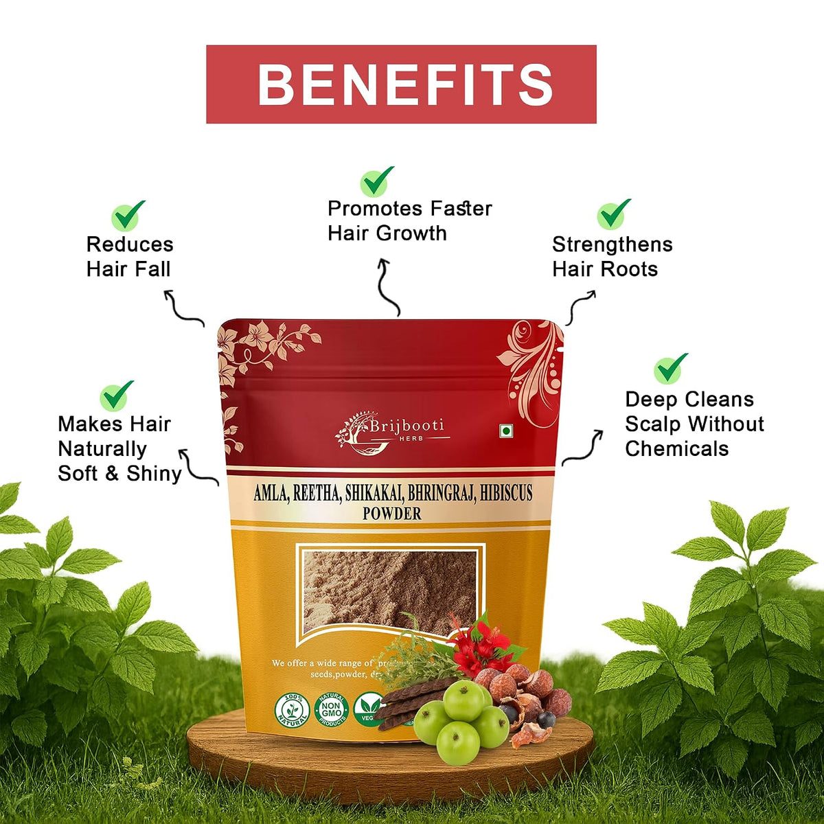 Brijbooti Pure Amla Reetha Shikakai Bhringraj Hibiscus Powder for Hair | Natural Herbal Hair Care Powder | 250g