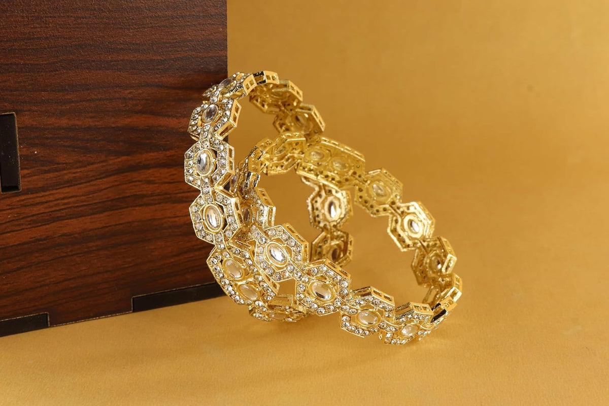 NMII Designer Gold Metal Bangles Set For Women & Girls Adorned with Zircon Diamonds | Premium Bridal Women's Bangles Kangan | Chuda Kada Golden For Wedding, Party, Occasion Jewellery- Set of 2 Bangle