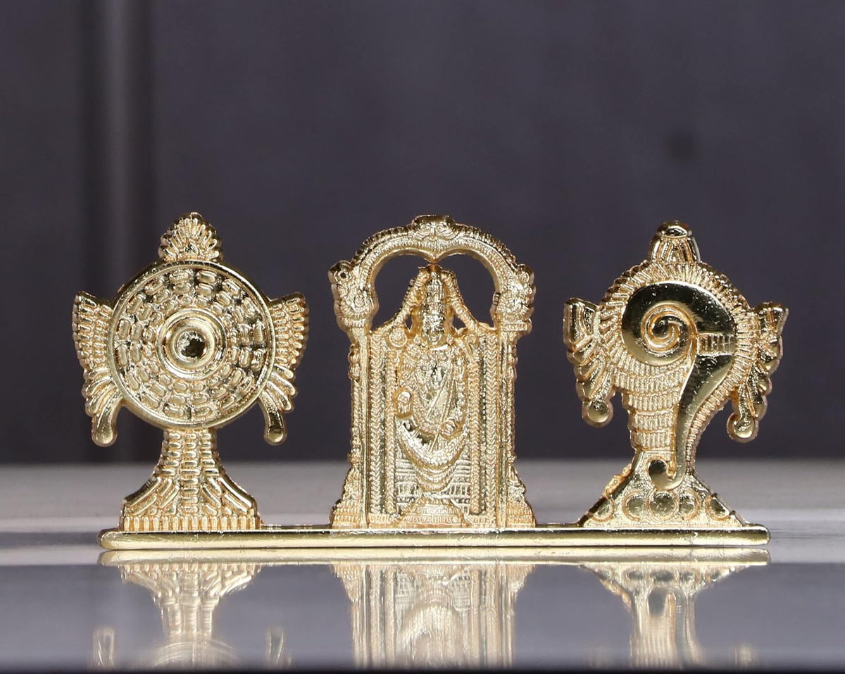 KridayKraft Tirupati Balaji Symbol Stand Shankh Chakra with Balaji Statue Gold Plating Antique Decorative for Car Dashboard Home & Office Table Showpiece Figurines,Religious Gift Idol, 5 x 1 Cm
