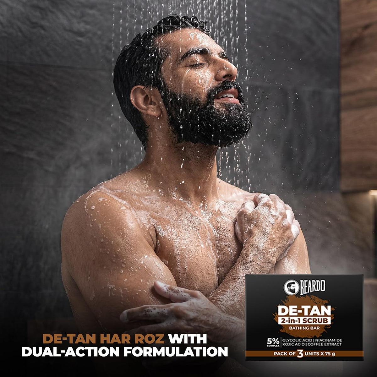 Beardo De-Tan 2-in-1 Scrub Bathing Bar for Men (75g X 3) | Dual Action Cleansing & Exfoliation | Niacinamide, Kojic Acid, Glycolic Acid & Coffee Extracts | Helps Remove Tan, Dirt & Dead Skin