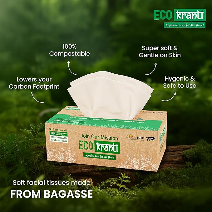 Sri Sri Tattva Eco Kranti - Facial Tissue Paper Box | 100 Pulls x 3 Packs | 100% Natural Bagasse | Biodegradable, Compostable