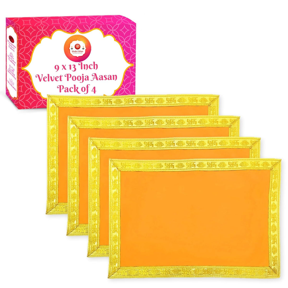 Bhakti Lehar Orange Velvet Pooja Cloth | Aasan for God Idol Sitting, Mandir Shelf, Puja Chowki Table and Home Temple Decoration - Pack of 4 (9 x 13 Inch)