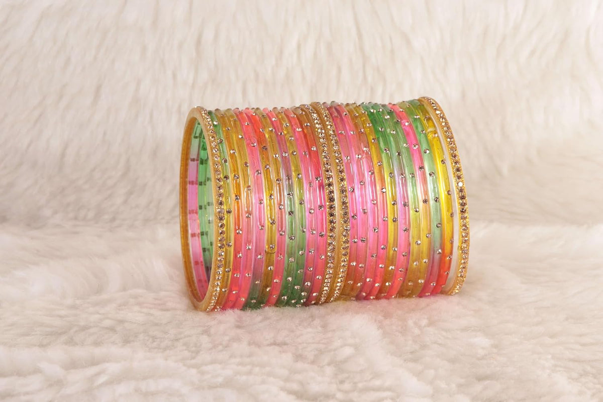 NMII Stylish Glass Bangles Set For Women & Girls With Studded Golden Gemstones | Bangle Set For Women | Crystal Glass Bangle Wedding, Daily, Festive - Set Of 24