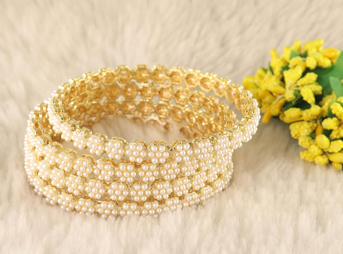 NMII Metal White Moti Bangles with Zircon Diamond Stone For Women & Girls | Designer Pearls Kada | Trendy Girl's Bangles Bracelet | Traditional Kangan For Wedding, Party, Festive, Everyday- Set of 4