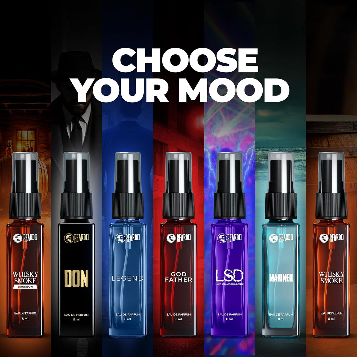 Beardo Legendary 7 Assorted Perfume Gift Set for Men 7X8ml with Long Lasting Fragrances | Travel Pack with Mariner Whisky Smoke Dark Side God Father Tsunami & Black Musk | Rakhi Gift for Brother | Gift for boyfriend | Gift for Men | Gift for Brother