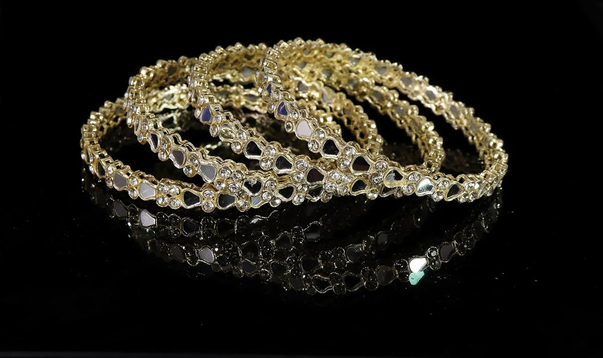 NMII Golden Metal with American Diamond & Mirror Work Bangles Set For Women & Girls | Kundan Mirror Bangles | Gold Plated Bangles | Women's Bangles Bracelet | Diamond Fashion Jewellery-Set of 4