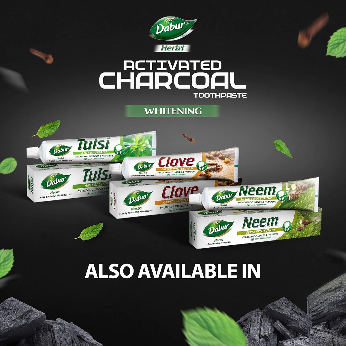 DABUR Herb'L Activated Charcoal Toothpaste 120gm (Pack of 1)|Whitening Black Gel Toothpaste|Fluoride Free|Fights Plaque & Extrinsic Stains|With Power of Mint|Cool & Refreshing Mouth Experience